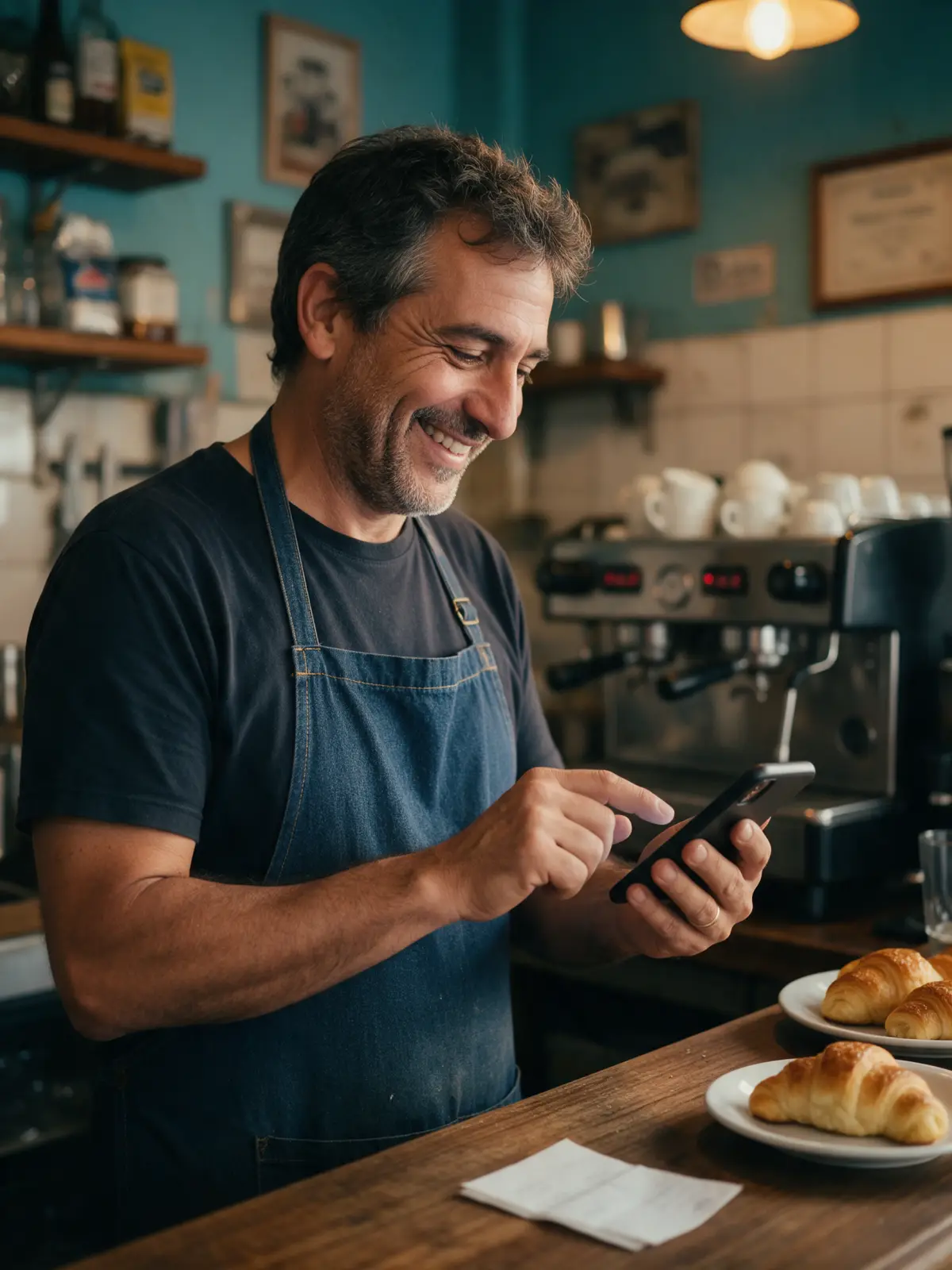 Dueño de un café de barrio confirmando un cobro en su celular