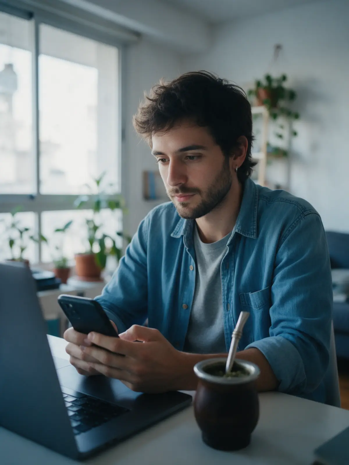 Diseñador independiente trabajando desde su casa con laptop, celular y mate