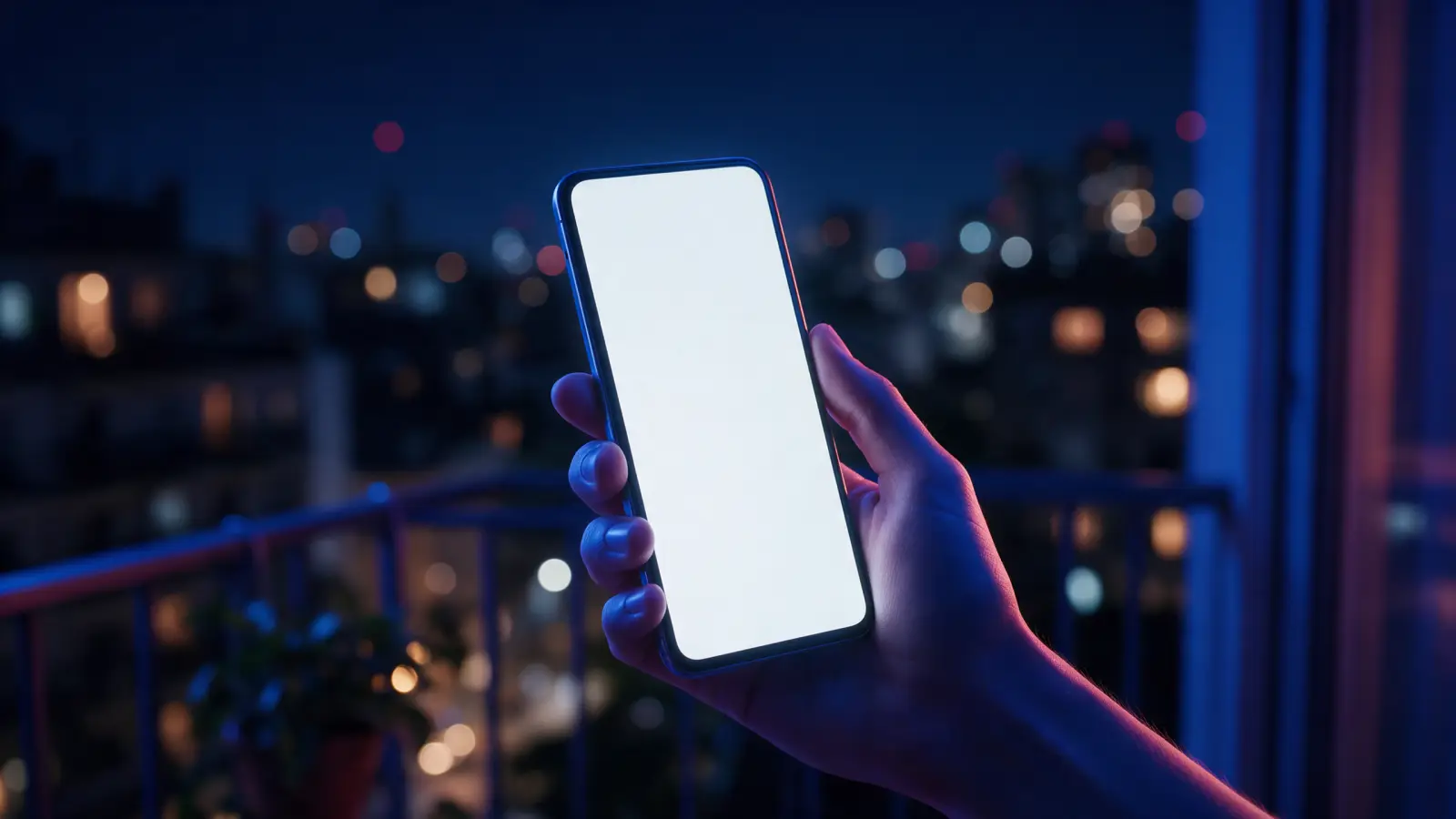 Mano sosteniendo un celular de noche con la ciudad de fondo
