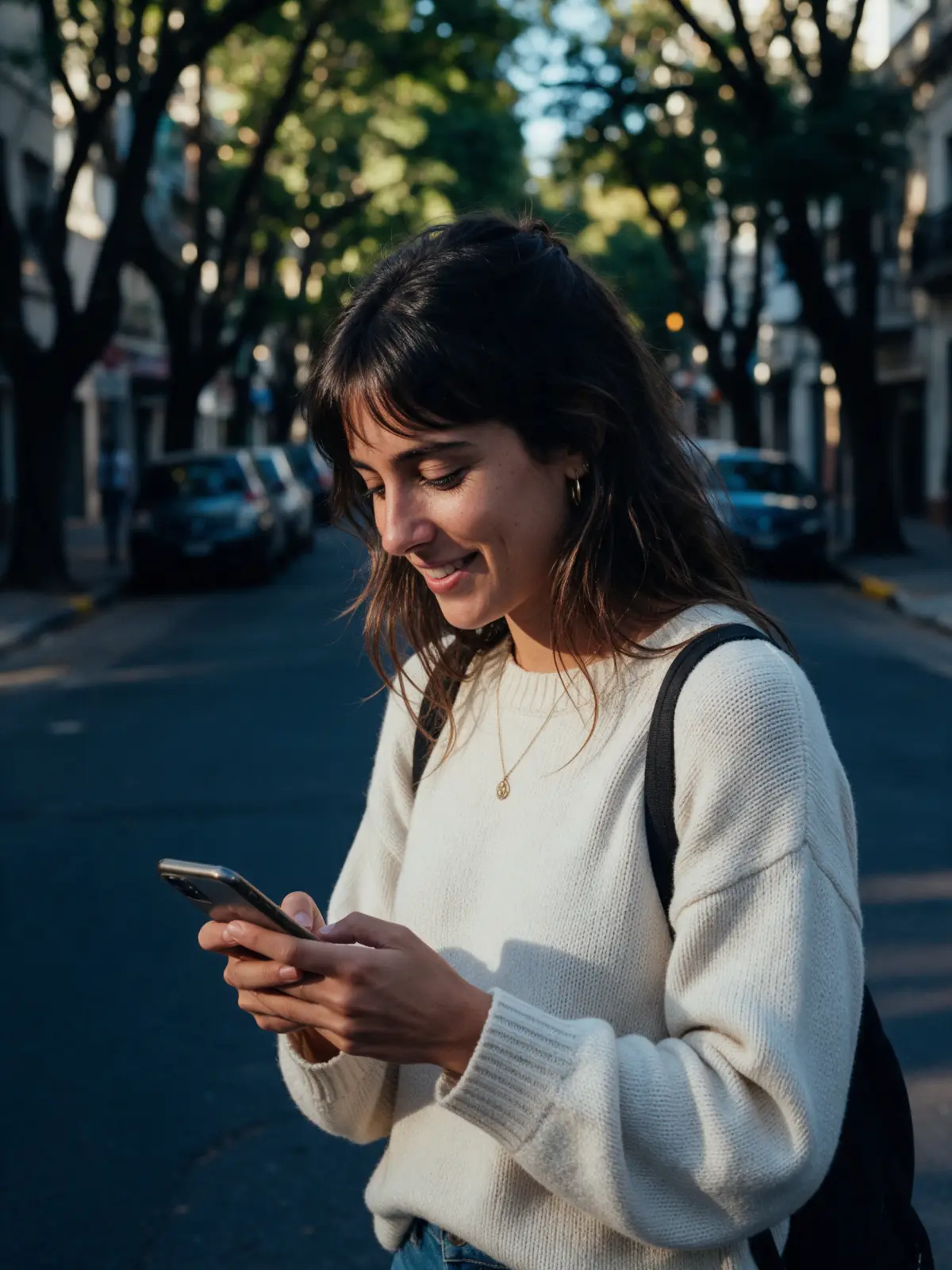 Mujer joven revisando su cuenta Digital Pago en el celular mientras camina por Buenos Aires