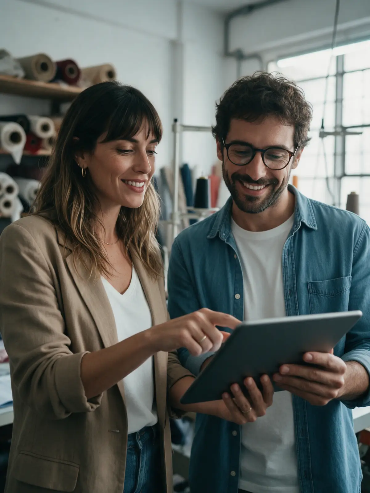 Socios de un taller textil revisando las finanzas en una tablet